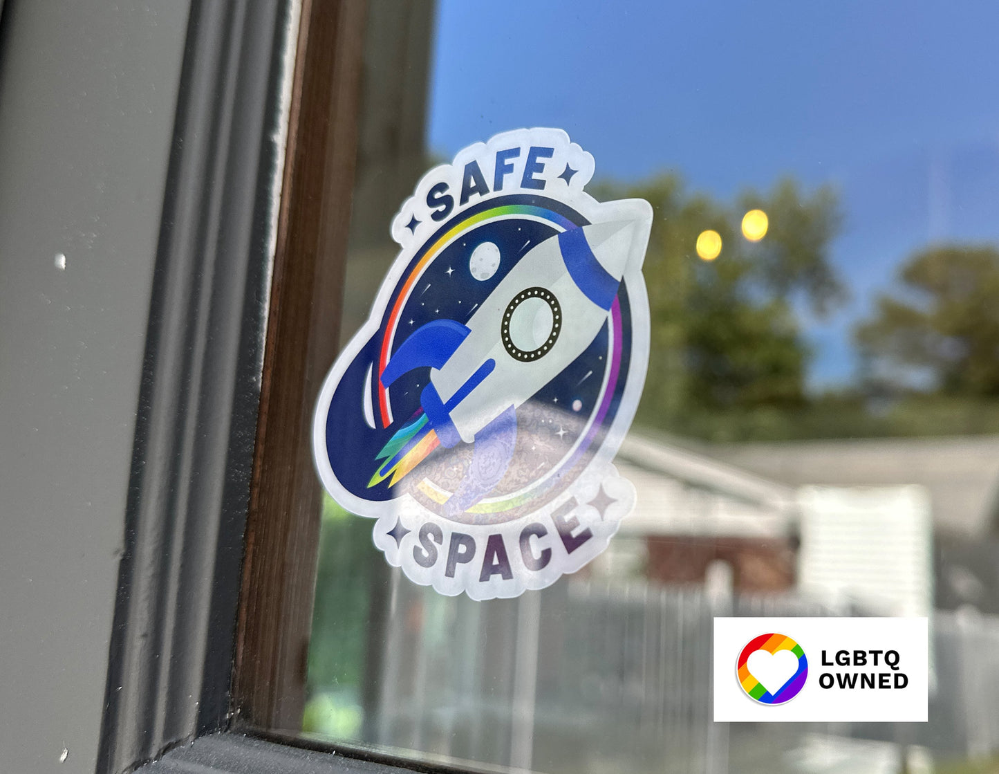 Rainbow Rocket Safe Space Window Cling | LGBTQ+ Friendly